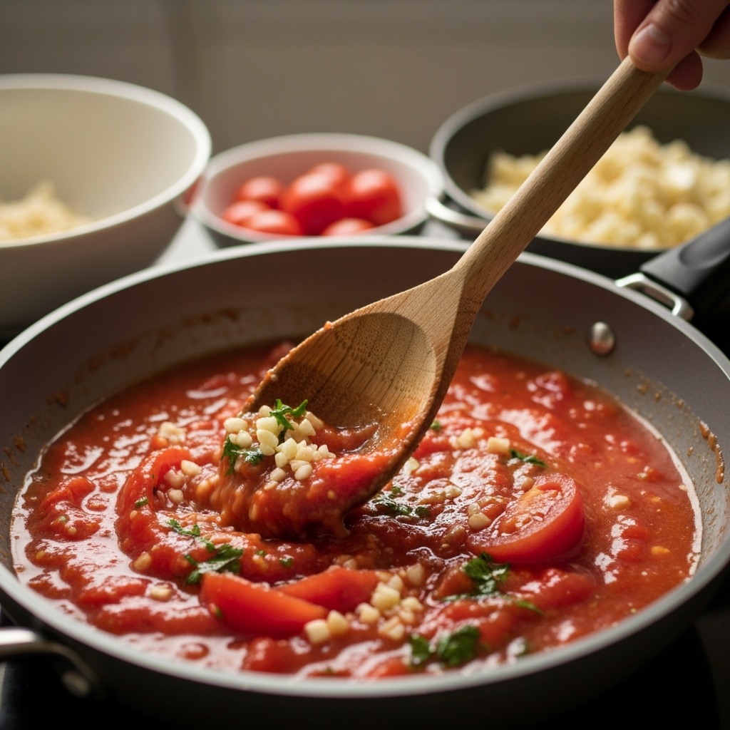 A close-up view of a wooden spoon stirring a blend of tomatoes, garlic, and herbs in a pot.
