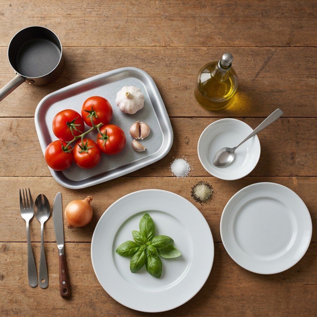 A flat lay of ingredients for marinara sauce on a wooden counter, showcasing fresh tomatoes, garlic, basil, olive oil, and more.