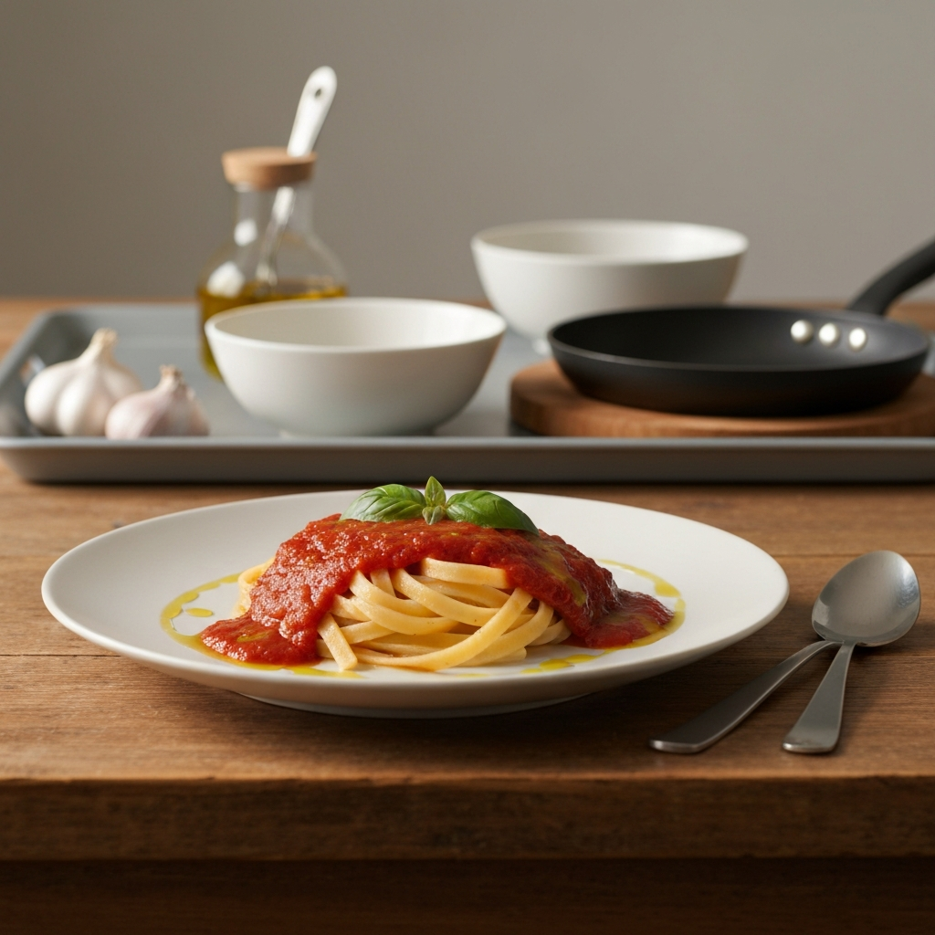 A plate of pasta topped with marinara sauce and garnished with fresh basil, drizzled with olive oil, on a wooden table.
