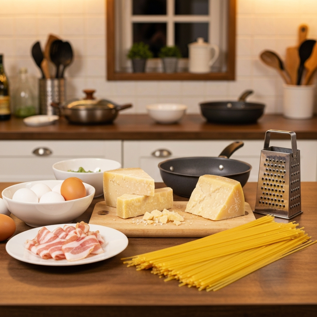 Assorted fresh ingredients for Carbonara, including eggs, cheeses, pancetta, and spaghetti.