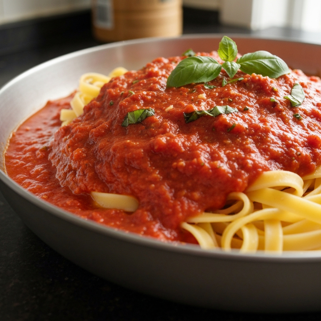 Close-up iPhone shot: Rich, textured marinara sauce with herbs and spices. Perfect for pasta lovers.