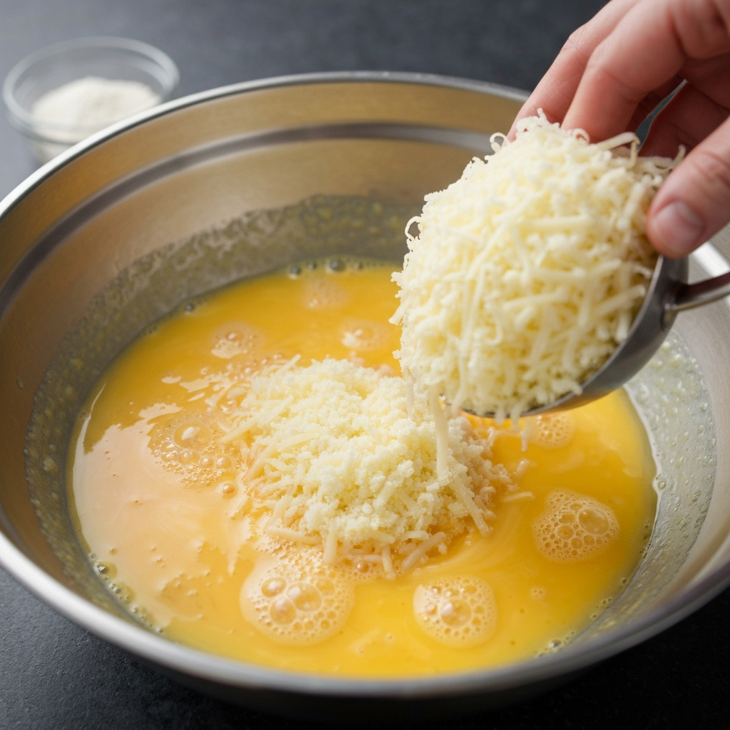 Close-up mixing of grated cheese and eggs for Carbonara base.