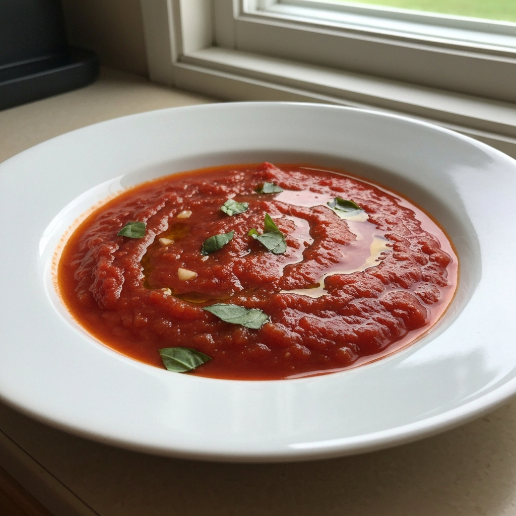Close-up of homemade marinara sauce with fresh herbs and rich tomato texture on rustic wooden table