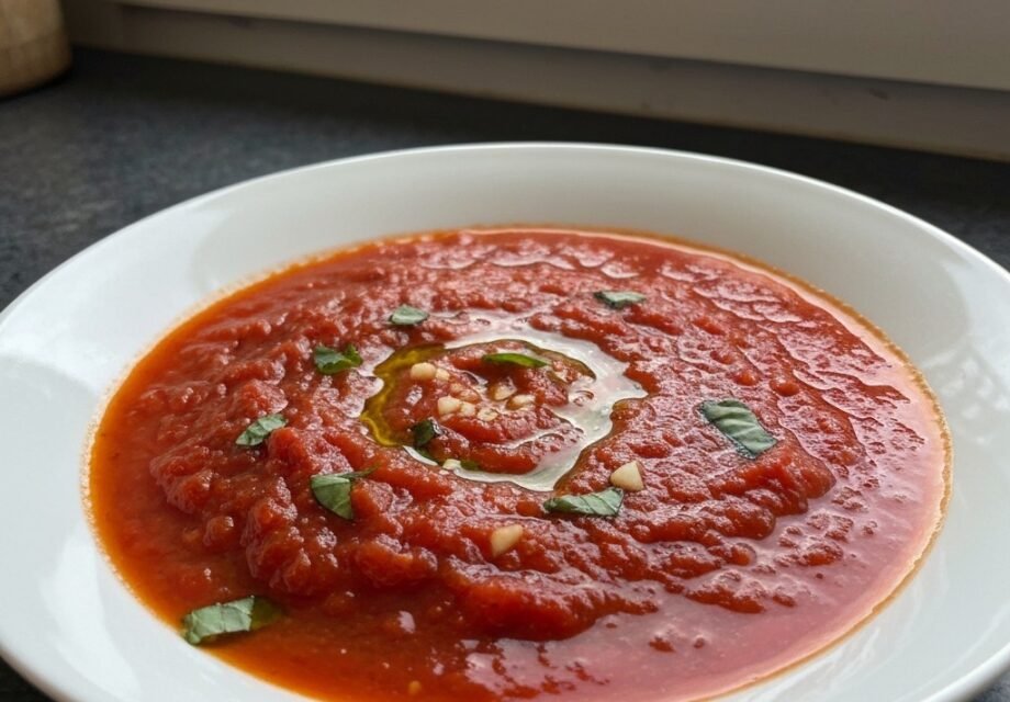Close-up of homemade marinara sauce with rich texture in an amateur iPhone photo for easy recipe article