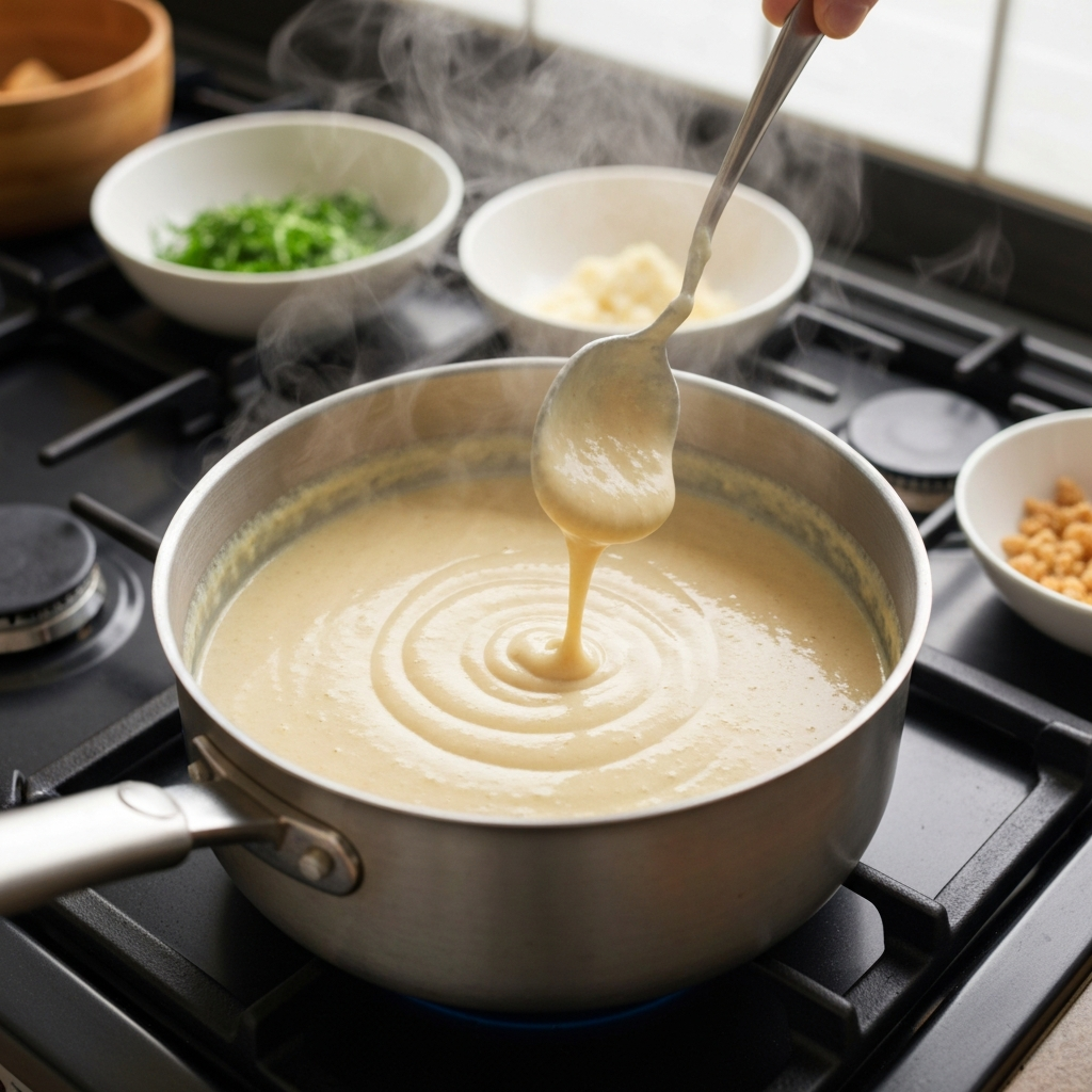 Creamy Carbonara sauce cooking in a saucepan on a stove.