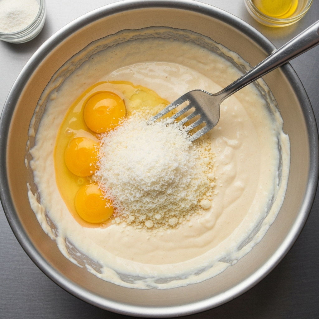 Eggs and Parmesan cheese being mixed in a bowl to create Carbonara sauce base.