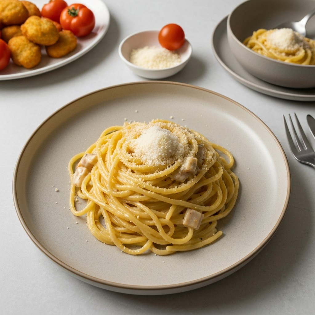 Finished Carbonara pasta dish with a creamy sauce topped with Parmesan cheese.