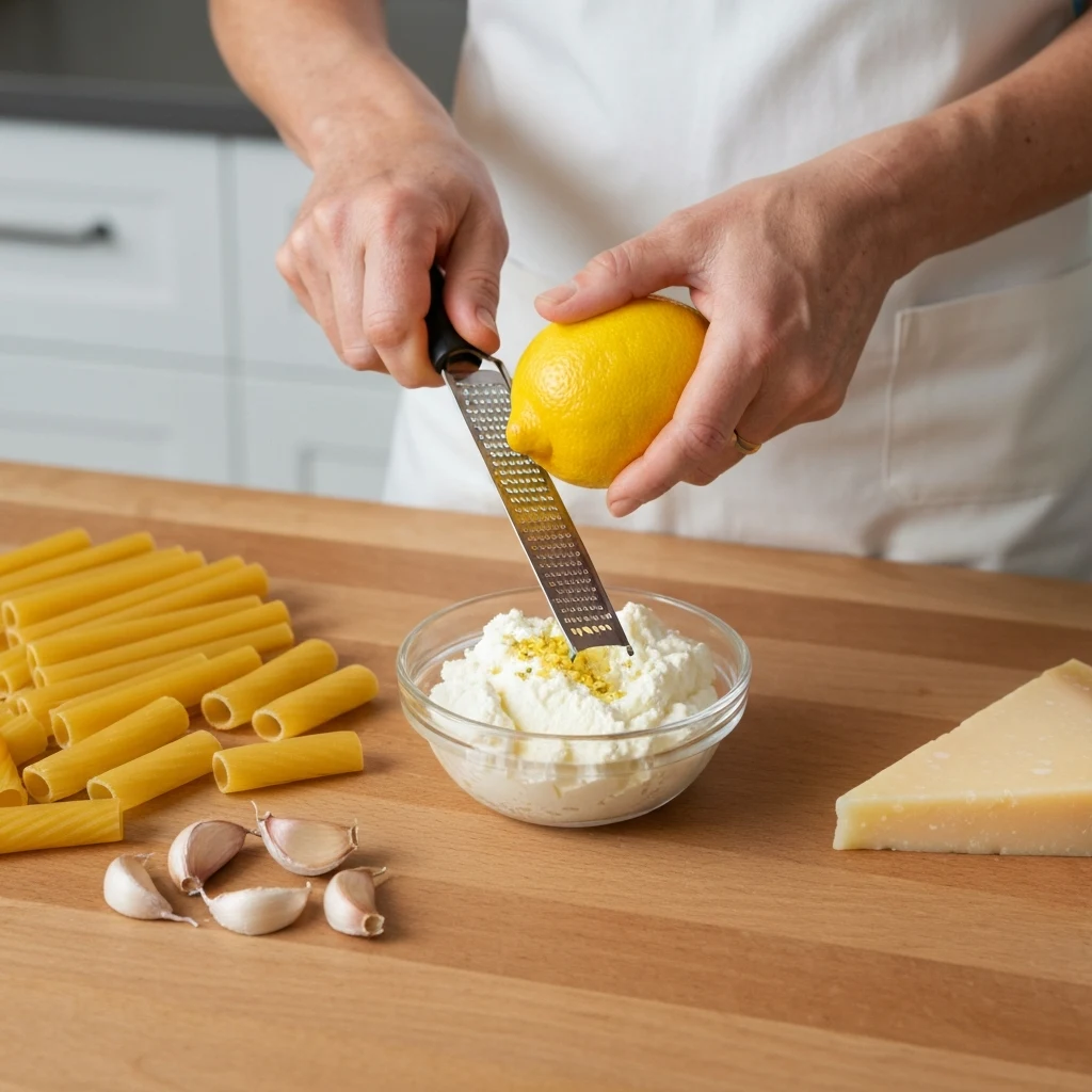 Hands zesting lemon over bowl of ricotta with pasta, garlic, and parmesan nearby