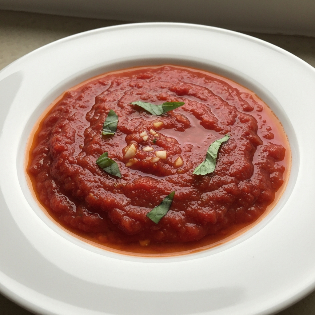 Homemade marinara sauce served in rustic bowl showing rich texture and fresh tomato details on wooden table
