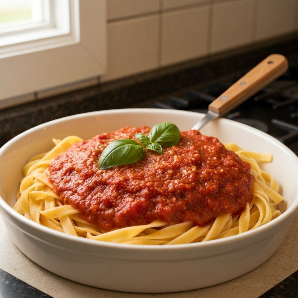 Homemade marinara sauce with fresh tomatoes and herbs, rich texture captured on iPhone, featured on Reddit.