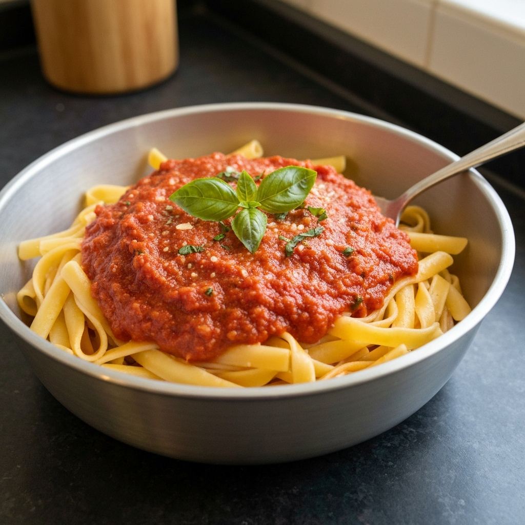 Homemade marinara sauce with fresh tomatoes and herbs, rich texture captured on iPhone for authentic flavor profile.