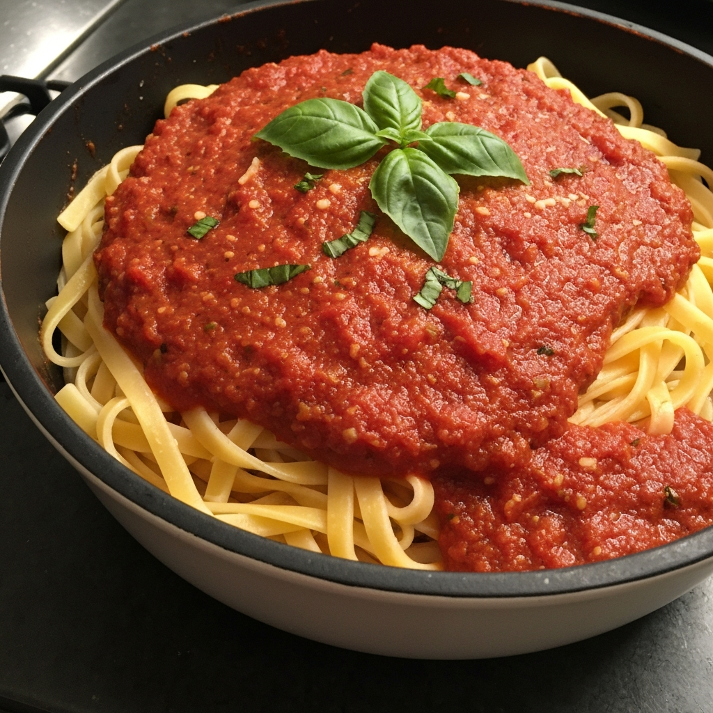 Homemade marinara sauce with rich texture and fresh herbs, captured on iPhone for authentic detail.