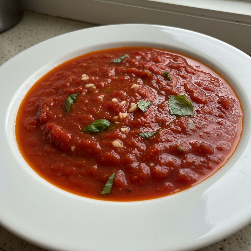 Homemade marinara sauce with rich texture and fresh herbs served in a rustic bowl, captured on iPhone by Reddit user