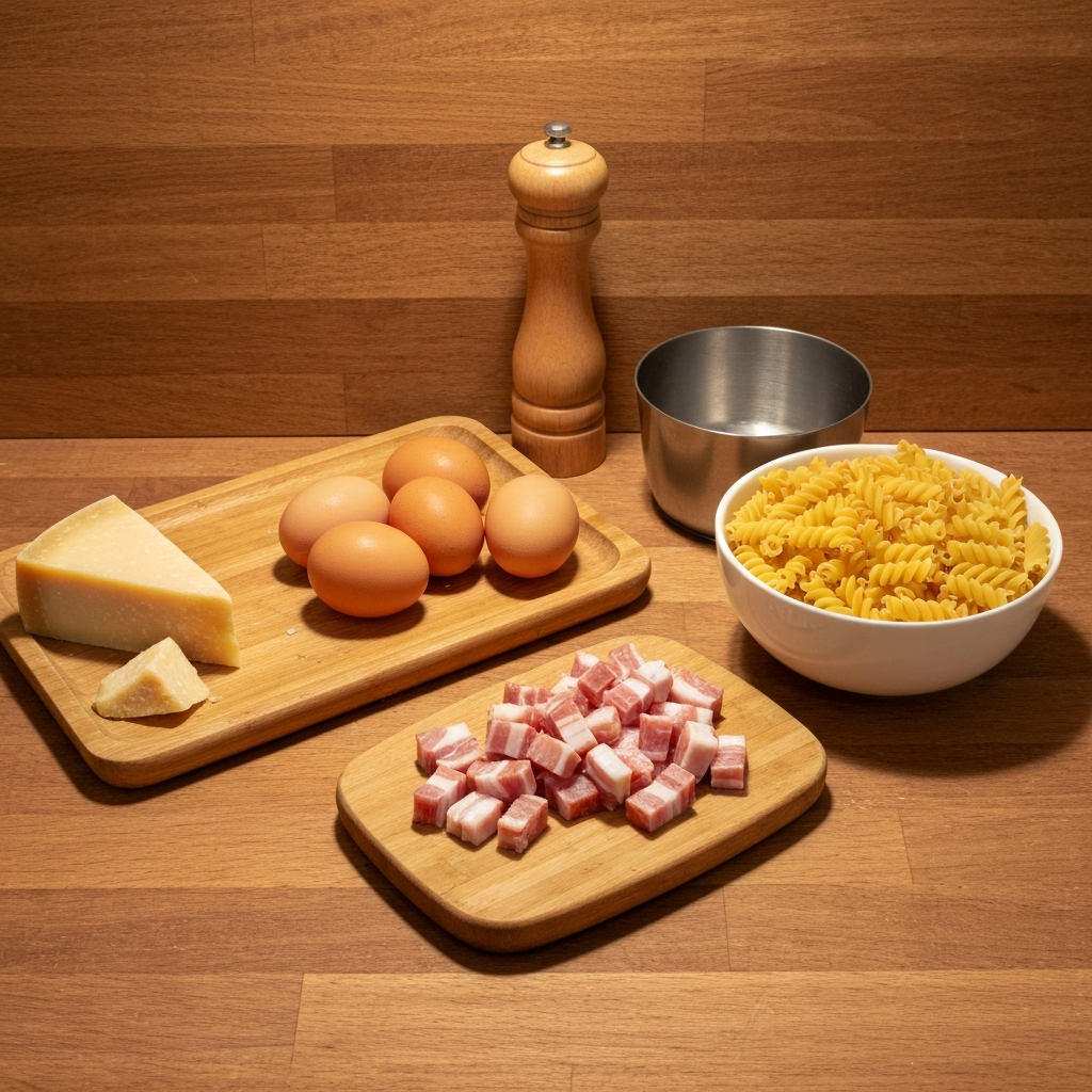 Ingredients for Carbonara pasta sauce on wooden counter: eggs, pancetta, Parmesan, pasta.