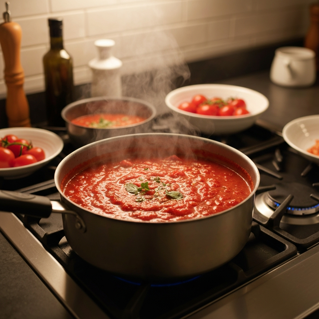 Marinara sauce simmering in a large pot with steam rising, highlighting the rich texture and ingredients like tomatoes and herbs.