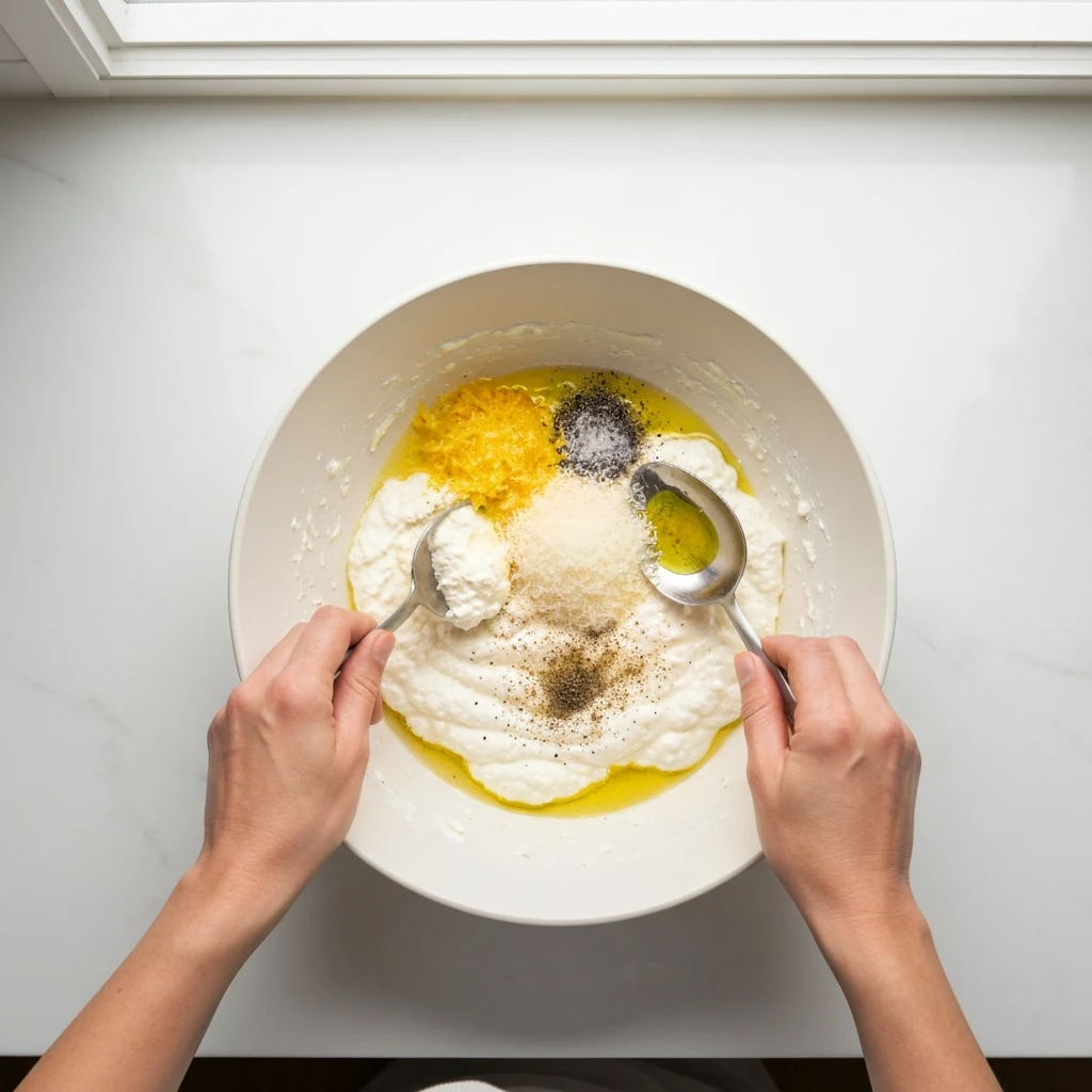 Mixing creamy ricotta, lemon, and parmesan sauce in bowl