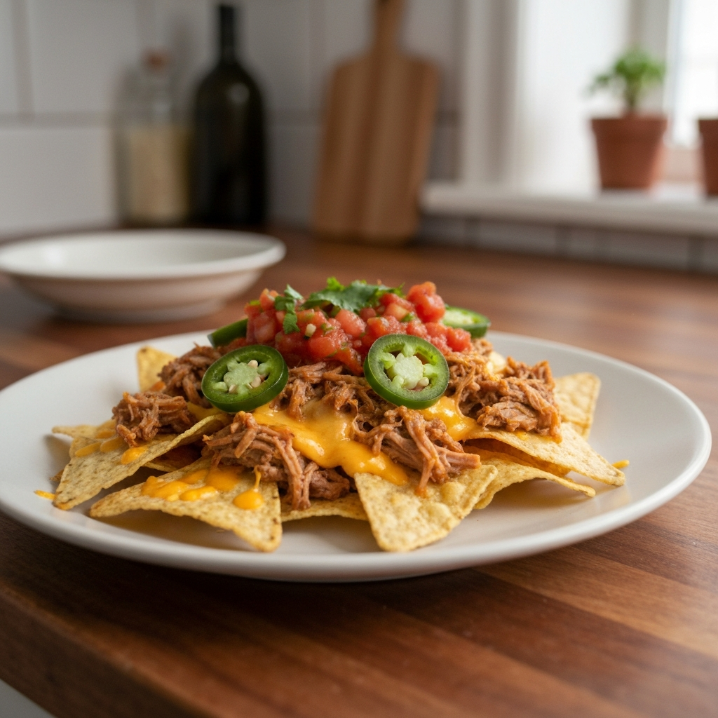 Pulled pork nachos recipe photographed on iPhone, featuring melted cheese, jalapenos, and crispy tortilla chips.