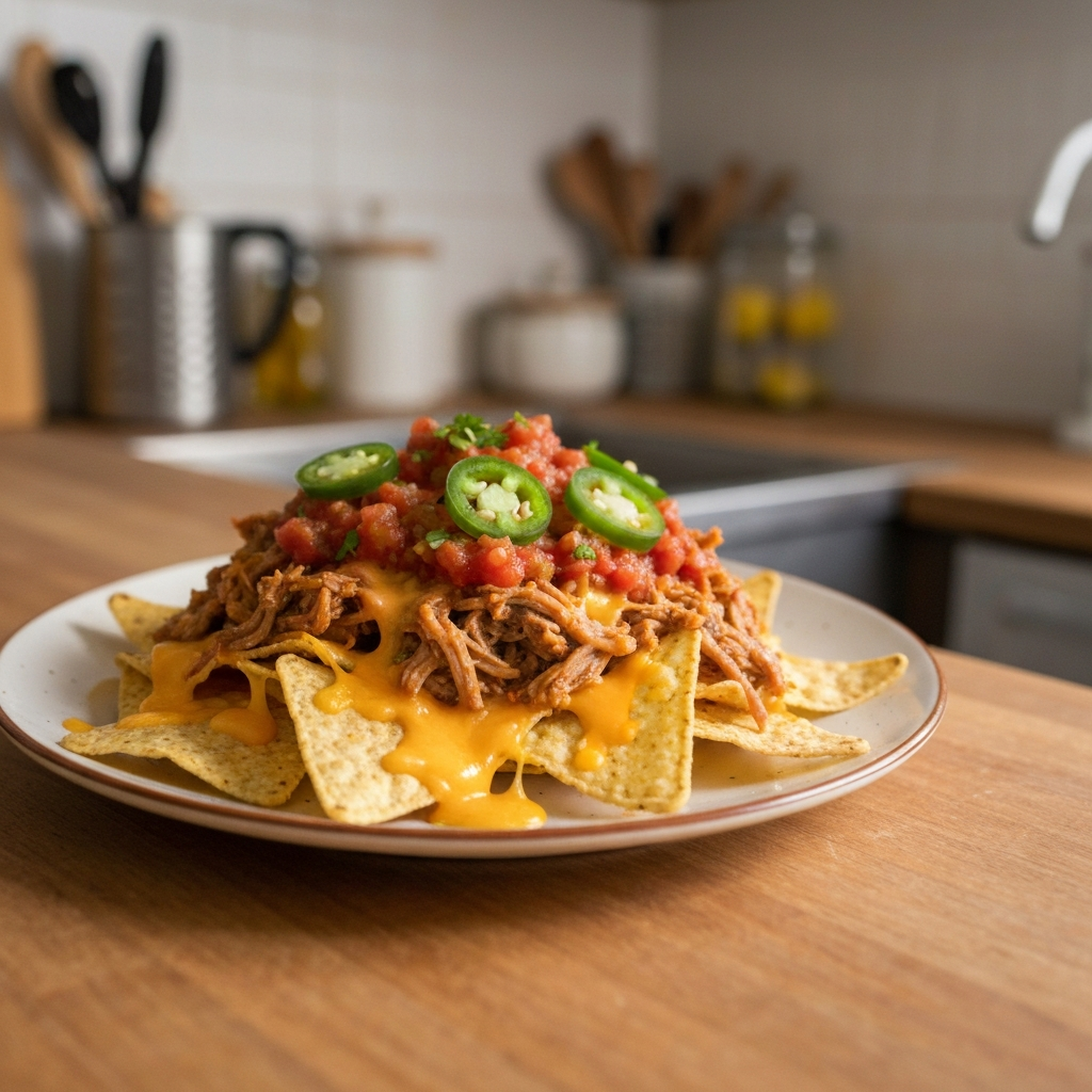 Pulled pork nachos recipe topped with melted cheese, jalapenos, and fresh cilantro, close-up iPhone photo with texture