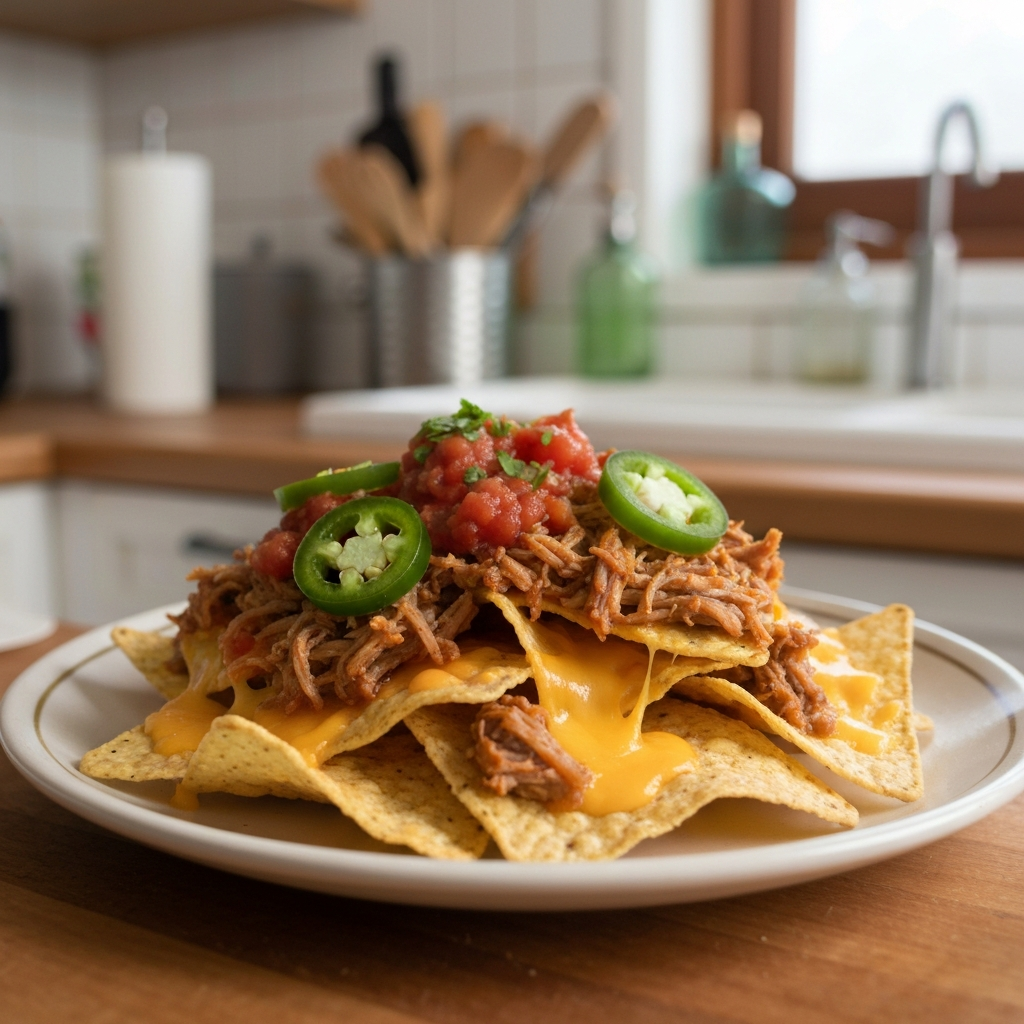 Pulled pork nachos recipe with melted cheese, jalapeños, and crispy tortilla chips, detailed iPhone food photo.