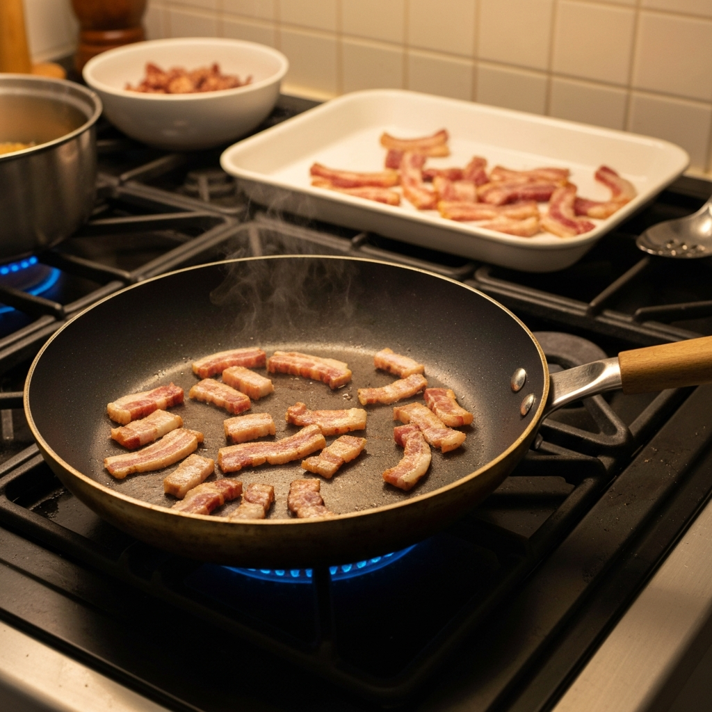 Sauté pan with sizzling golden-brown pancetta, capturing its rich textures.