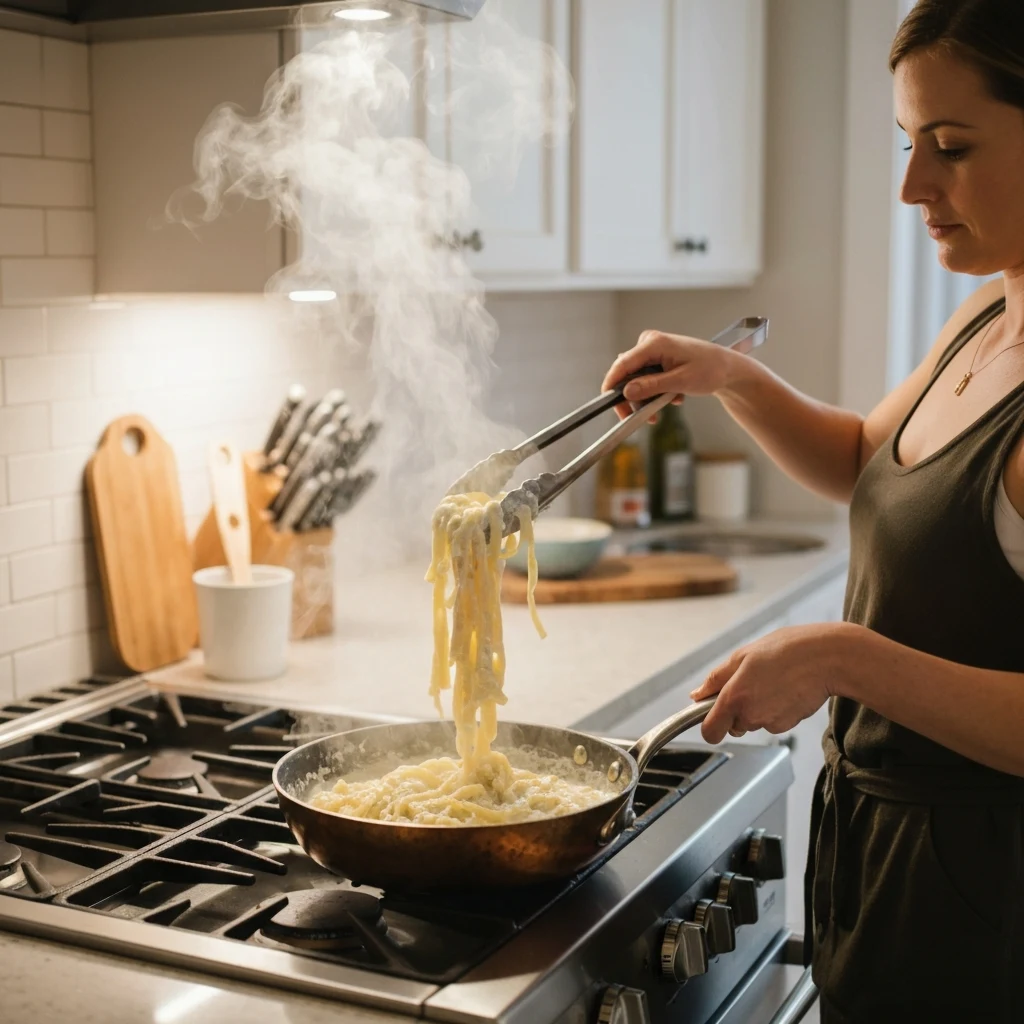 Tossing freshly cooked pasta into lemon ricotta sauce on stovetop