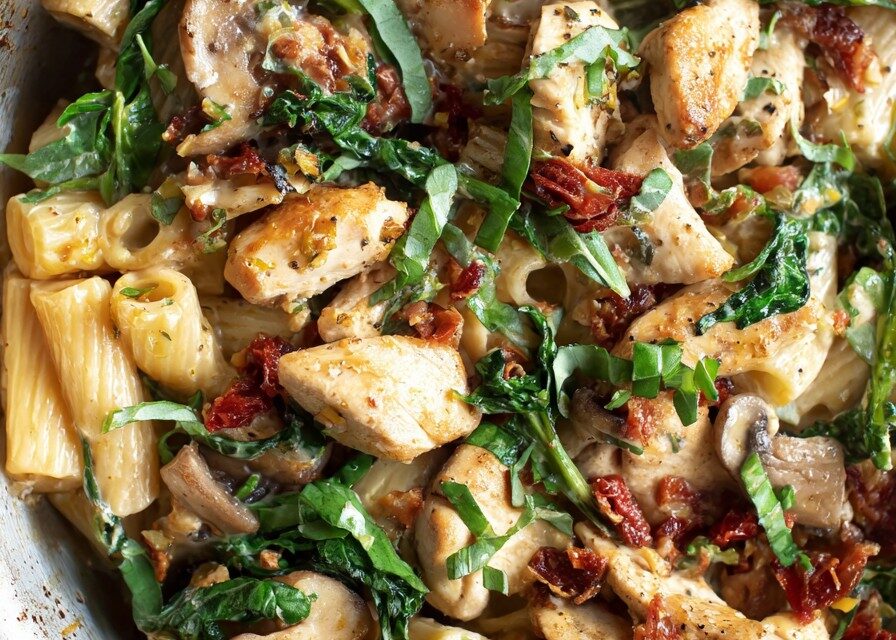 Simple Tuscan Chicken Pasta finished dish